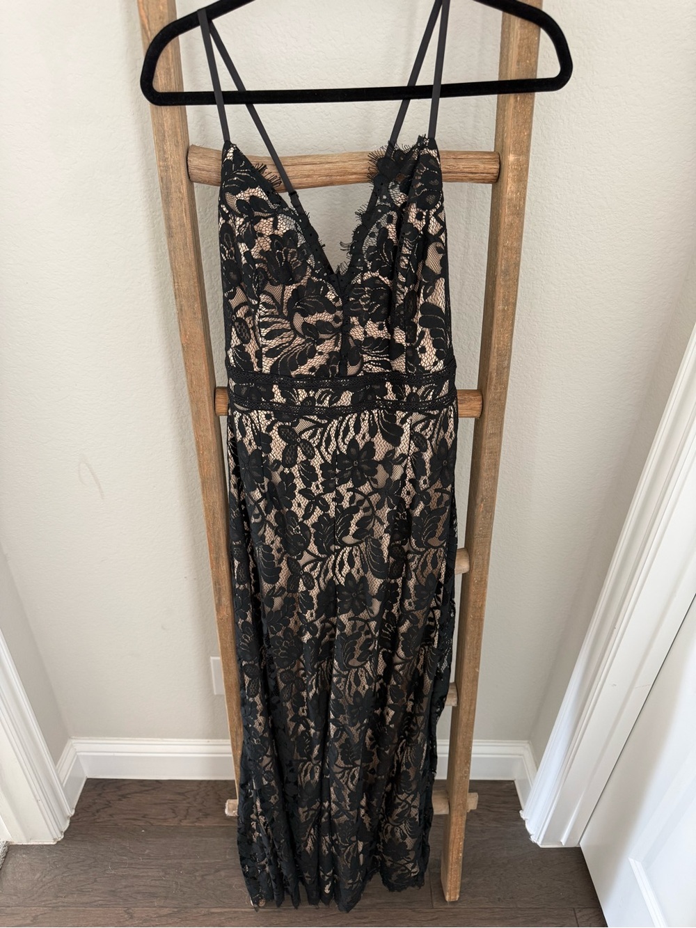 New York & Company Black Lace Maxi Dress with Nude Lining lace details
